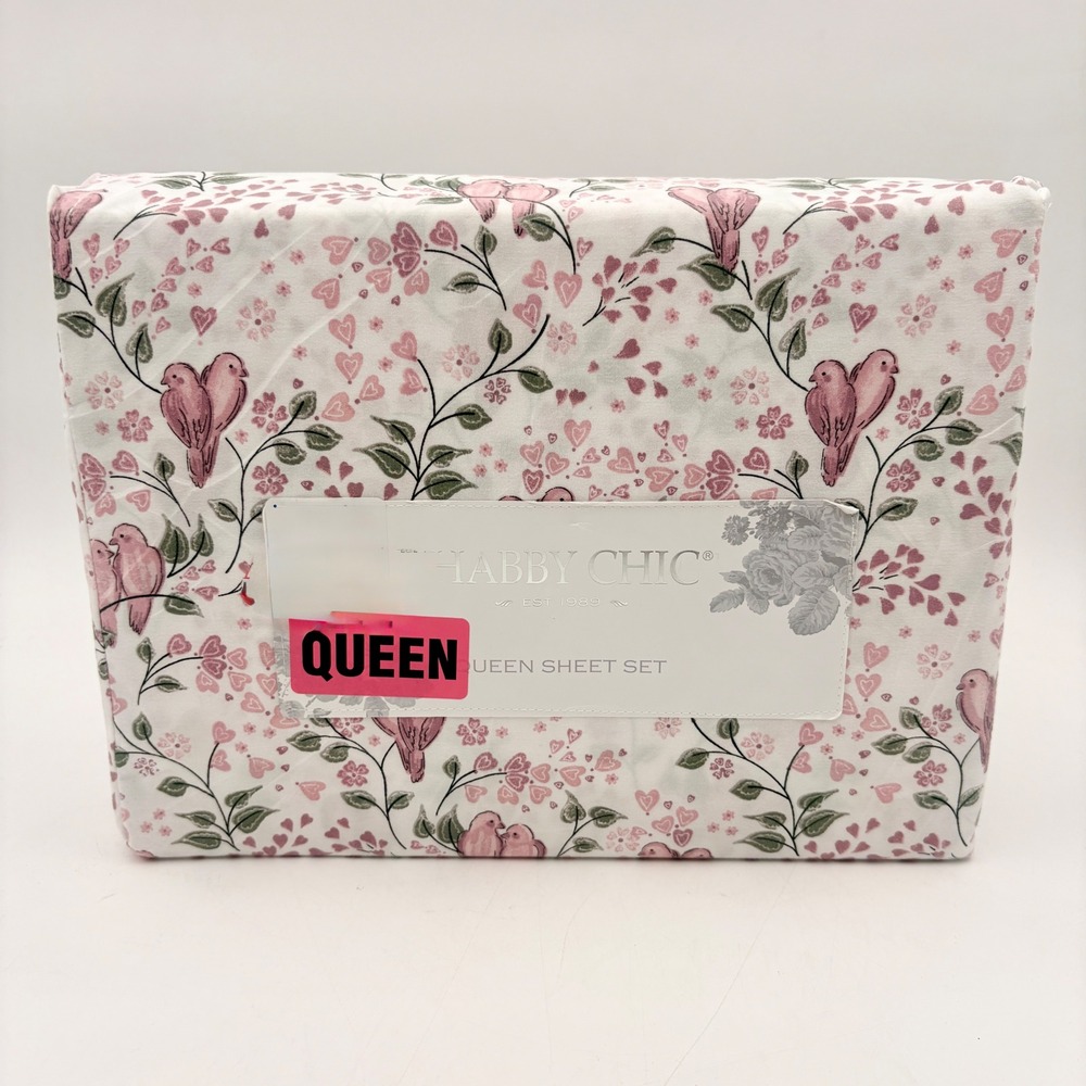 Shabby Chic Queen Sheet Set Pink Lovebirds Hearts Floral White 4 Piece New